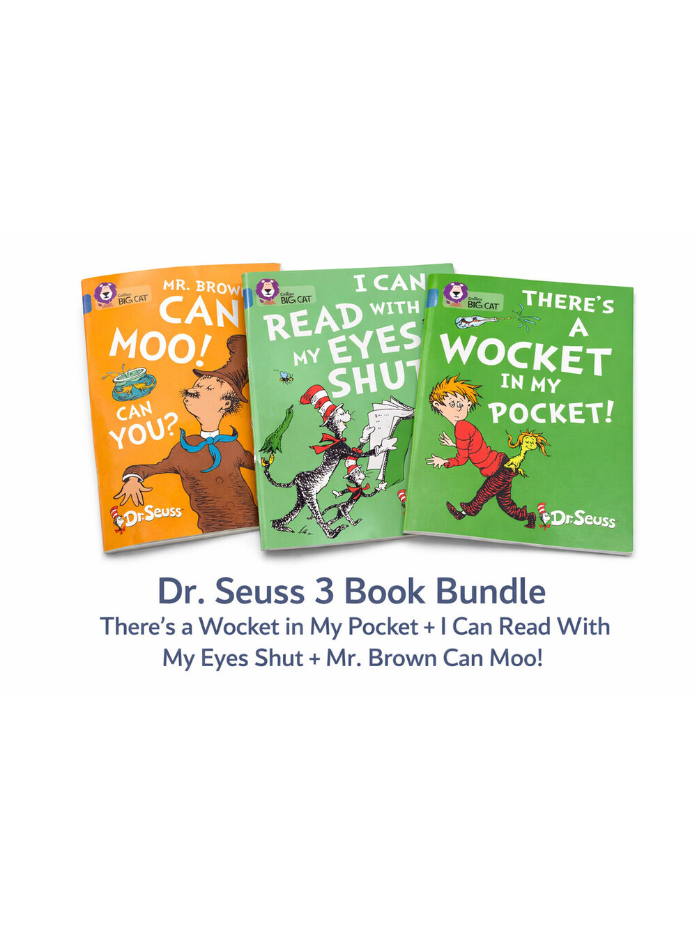 Dr. Seuss 3 Book Set Softcover – Wocket, Eyes Shut, Mr Brown Can Moo – Beginner